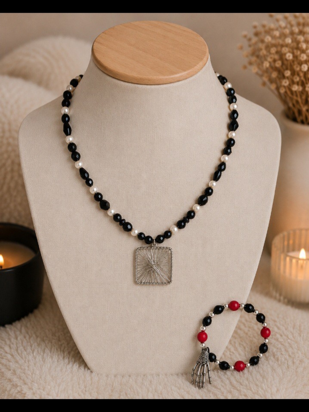 Black & Pearl Beaded Necklace & Bracelet Set | Skeleton Hand Charm | Gothic Edgy